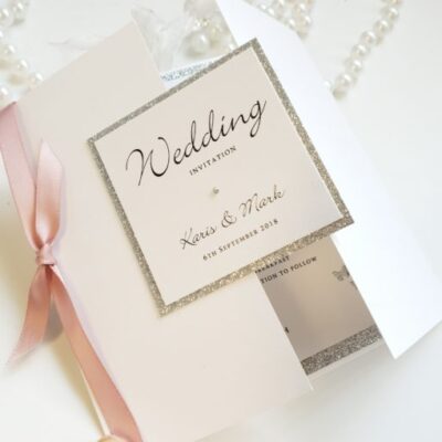 Pink and Silver Glitter Gate fold style Wedding Invitation