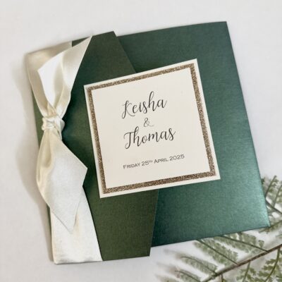 Emerald green pocketfold invitation with large bow