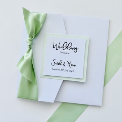 Mint Green and White Pearlised Pocketfold Wedding Invitation with Wide Ribbon Bow