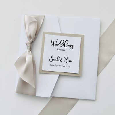 Classic White and Taupe Pearlised Pocketfold Wedding Invitation with Wide Ribbon Bow