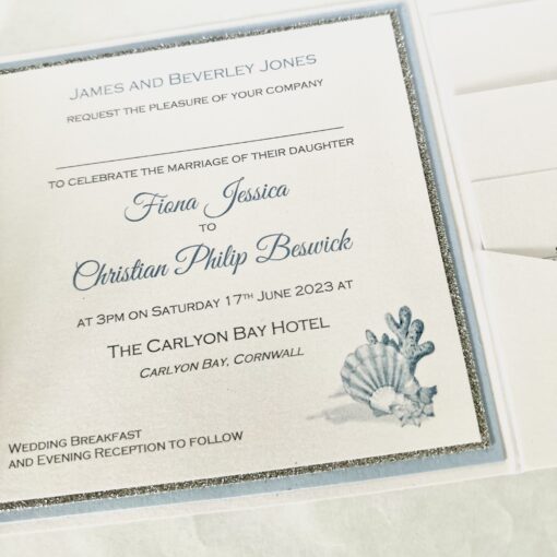 Pale Blue and Silver Glitter Pearlised Pocketfold Wedding Invitation - Image 4