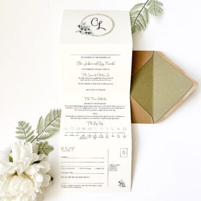 Concertina invitation with eucalyptus and thistle and Envelope liner