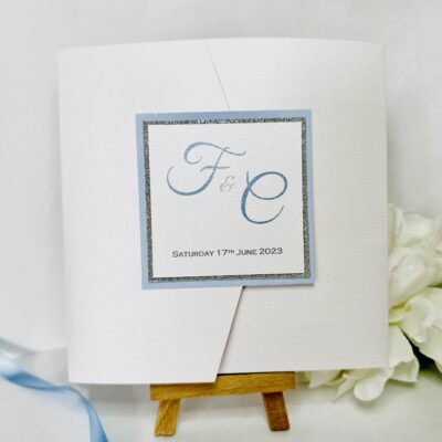 Pale Blue and Silver Glitter Pearlised Pocketfold Wedding Invitation