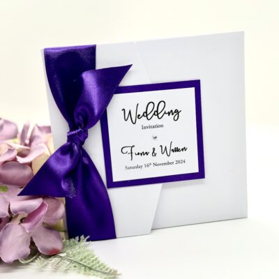 Purple and White Pearlised Pocketfold Wedding Invitation with Wide Ribbon Bow