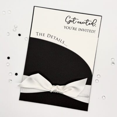 Curved 'Get Excited' Flat Pocketcard Invitation with Knotted Ribbon