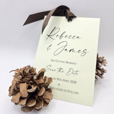Pistachio and Chocolate Brown Vellum Printed Loop-Tied Tag styled Save the Date
