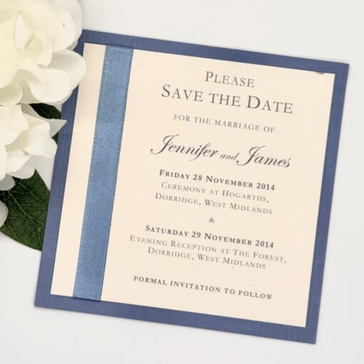 Cornflower Blue and Ivory Classic Mounted Save the Date with Ribbon