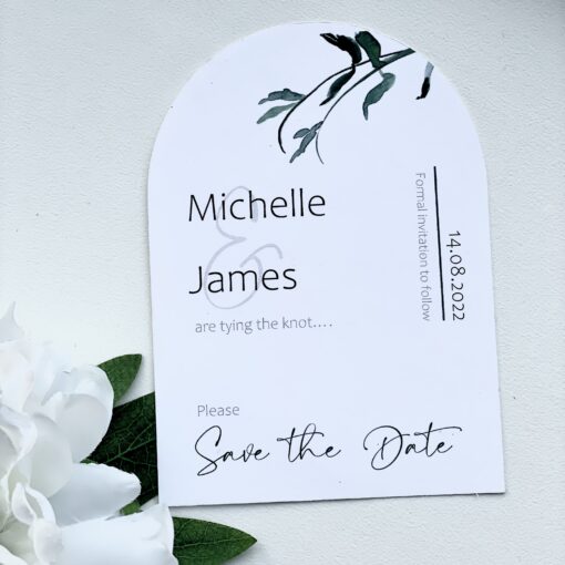 Arched Save the Date with Contemporary Leaf Design