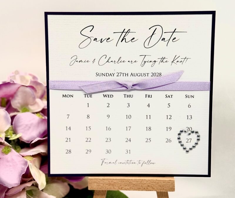 Dark Purple and Lilac Calendar style Save the Date Card