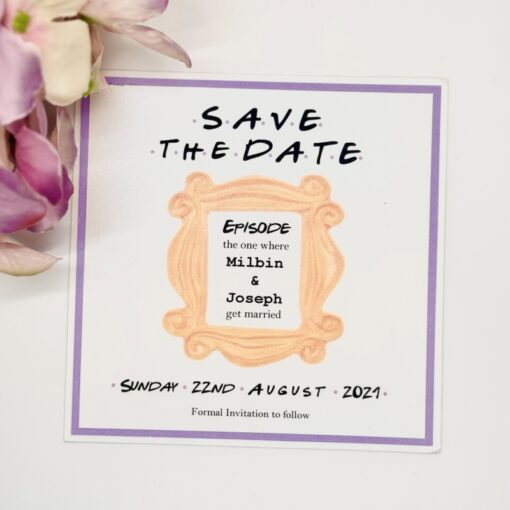 Friends Theme Save the Date Cards with a Lilac Colour Scheme