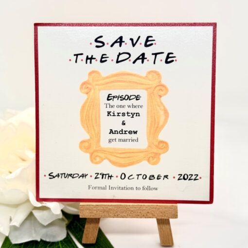 Friends Theme Save the Date Cards with a Red Colour Scheme