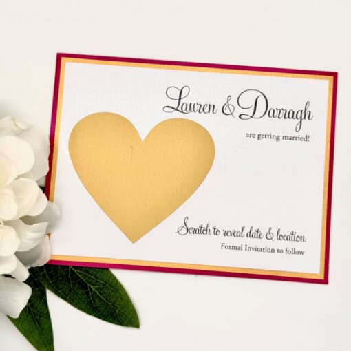 Fuchsia Pink and Gold Scratch to Reveal Save the Date Cards