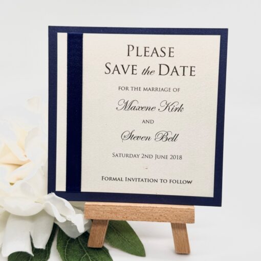 Navy and Ivory Classic Mounted Save the Date with Ribbon