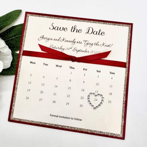 Red and Gold Glitter Calendar style Save the Date Card