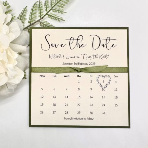 Sage Green and Ivory Calendar style Save the Date Card
