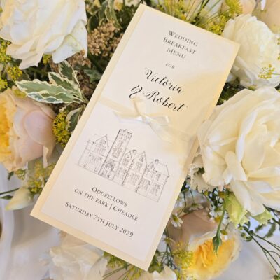 Folded Wedding Menu with Venue Illustration and Ribbon