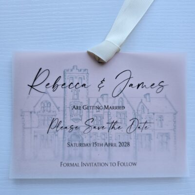 Vellum Printed Venue Illustration Loop-Tied Tag style Save the Date