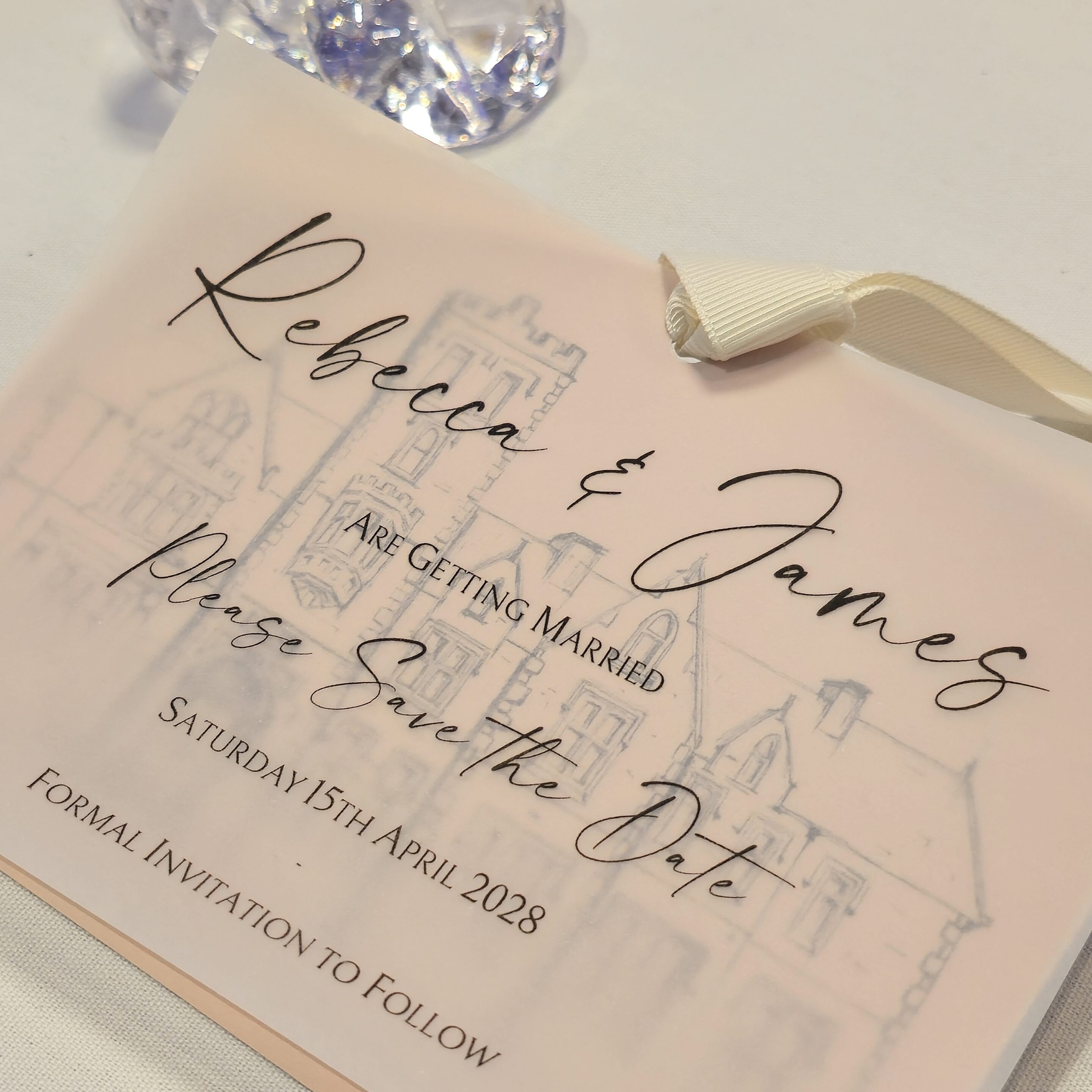 Vellum Printed Venue Illustration Loop-Tied Tag style Save the Date