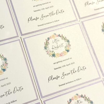 Pretty Floral Wreath Save the Date with a Lilac Colour Scheme