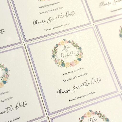 Pretty Floral Wreath Save the Date with a Lilac Colour Scheme