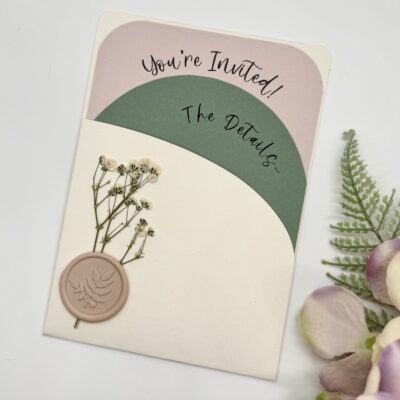 Pretty Flat Pocketcard Wedding Invitation with a Wax Seal and Dried Flowers
