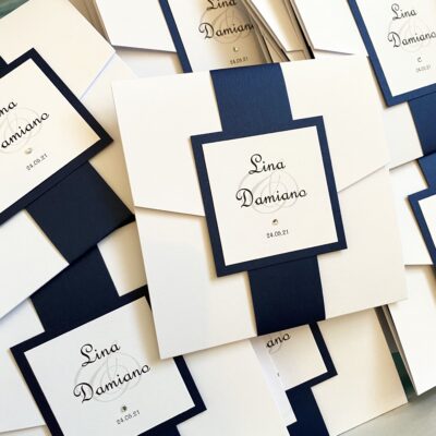 Navy and White Pocketfold Wedding Invitation with a Belly Band