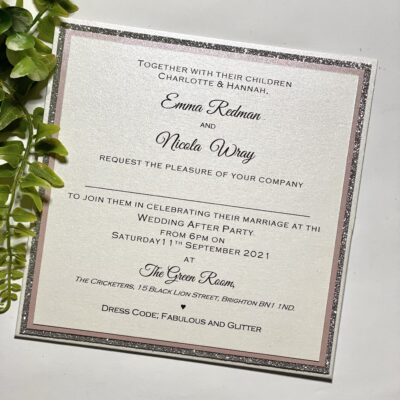 Flat Pocketcard invitation with silver glitter and blush pink