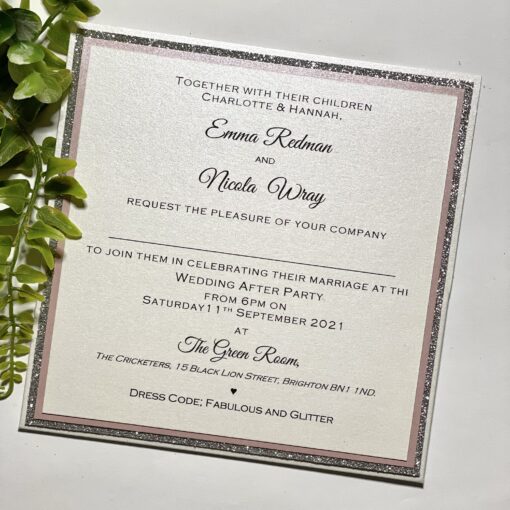 Flat Pocketcard invitation with silver glitter and blush pink