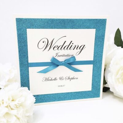 Sparkly Teal Glitter Pocketfold Wedding Invitation with Bow Detail