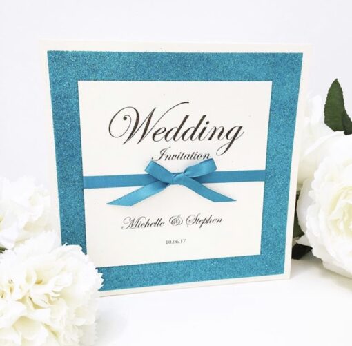 Sparkly Teal Glitter Pocketfold Wedding Invitation with Bow Detail