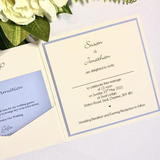 Pocketfold Invitation with lace and sky blue detail