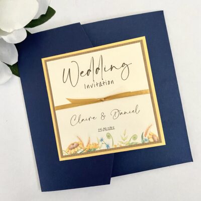Navy Pocketfold Wedding Invitation with a Wildflower Illustration