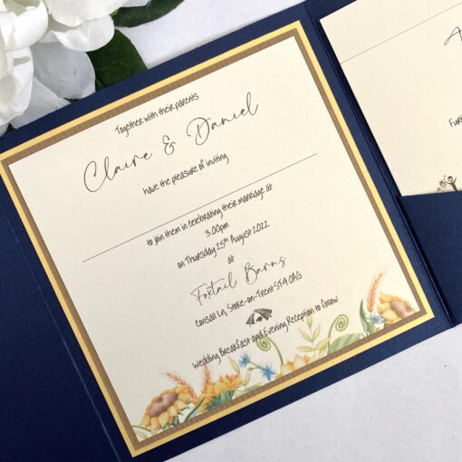 Navy Pocketfold Wedding Invitation with a Wildflower Illustration - Image 2