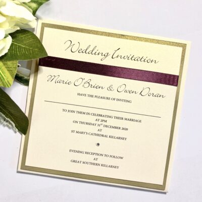 Flat Pocketcard Wedding Invitation with a Gold and Burgundy Colour Scheme