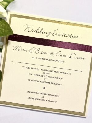 Flat Pocketcard Wedding Invitation with a Gold and Burgundy Colour Scheme