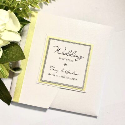 Yellow and Silver Glitter Pocketfold Wedding Invitation with Plaque