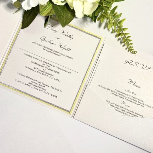 Yellow and Silver Glitter Pocketfold Wedding Invitation with Plaque - Image 3