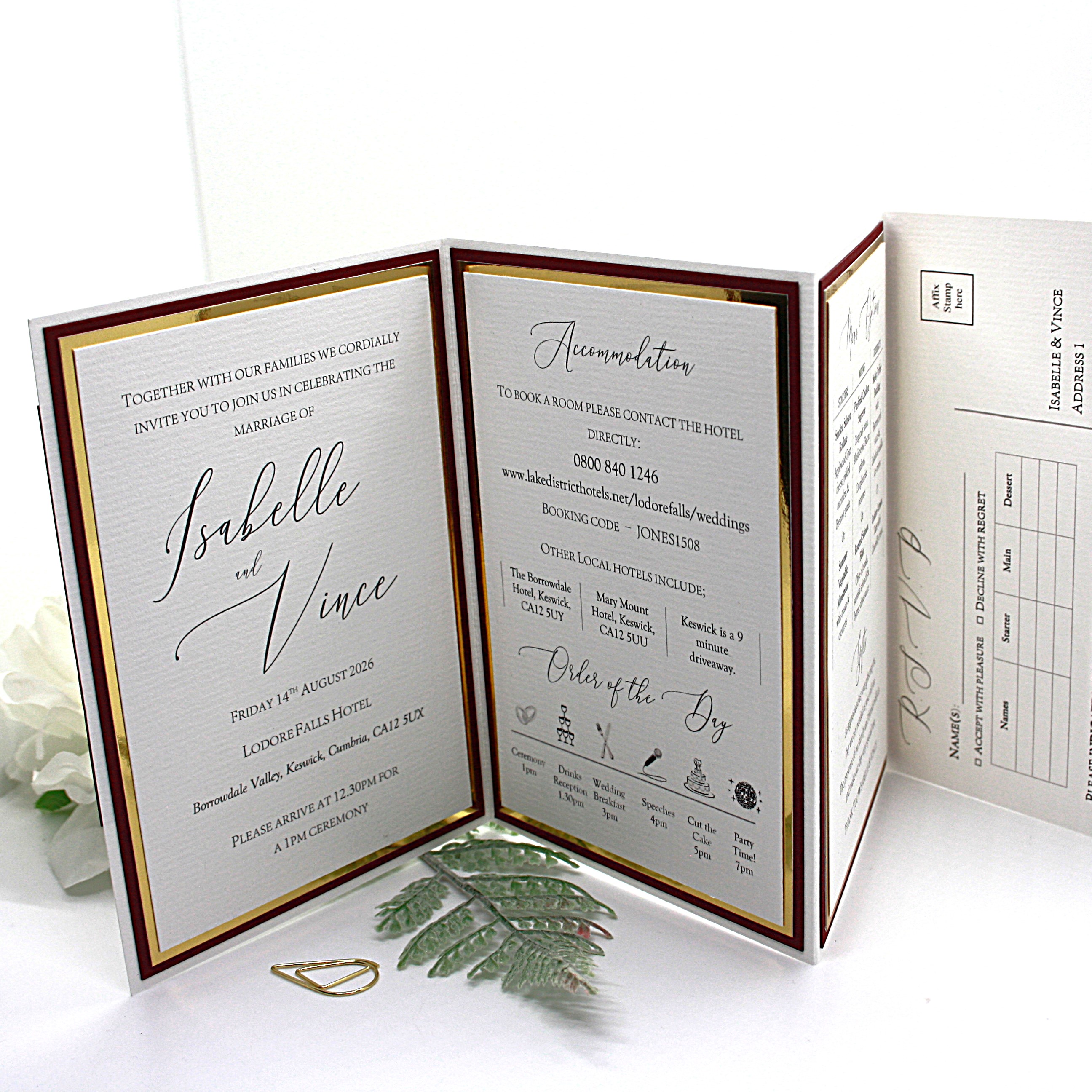 Luxury Concertina Wedding Invitation with Burgundy and Mirror Gold Card
