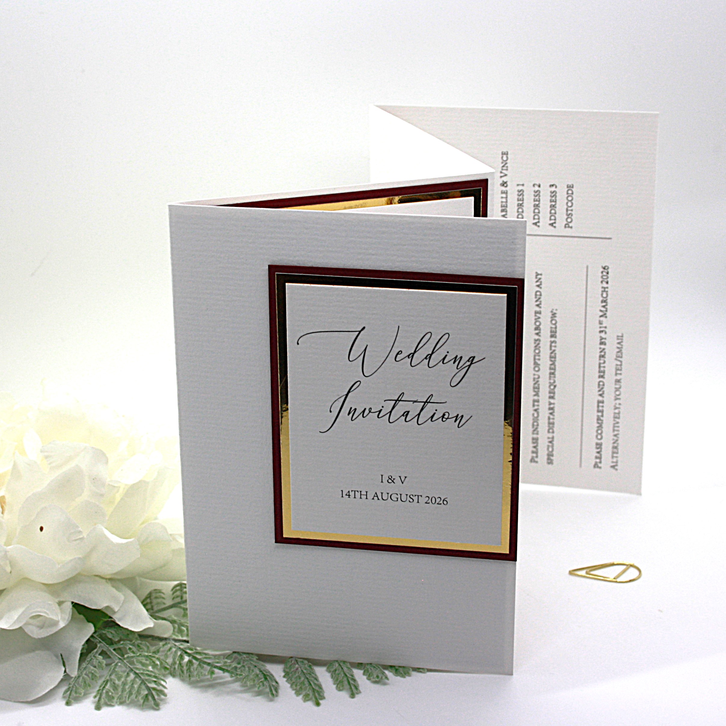 Concertina folded invittaion with burgundy and gold
