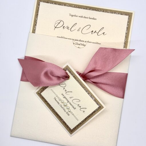 Ivory Wallet Invitation with pink ribbon and tag