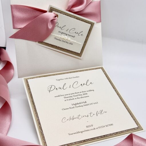 Ivory Wallet Invitation with pink ribbon and tag - Image 3