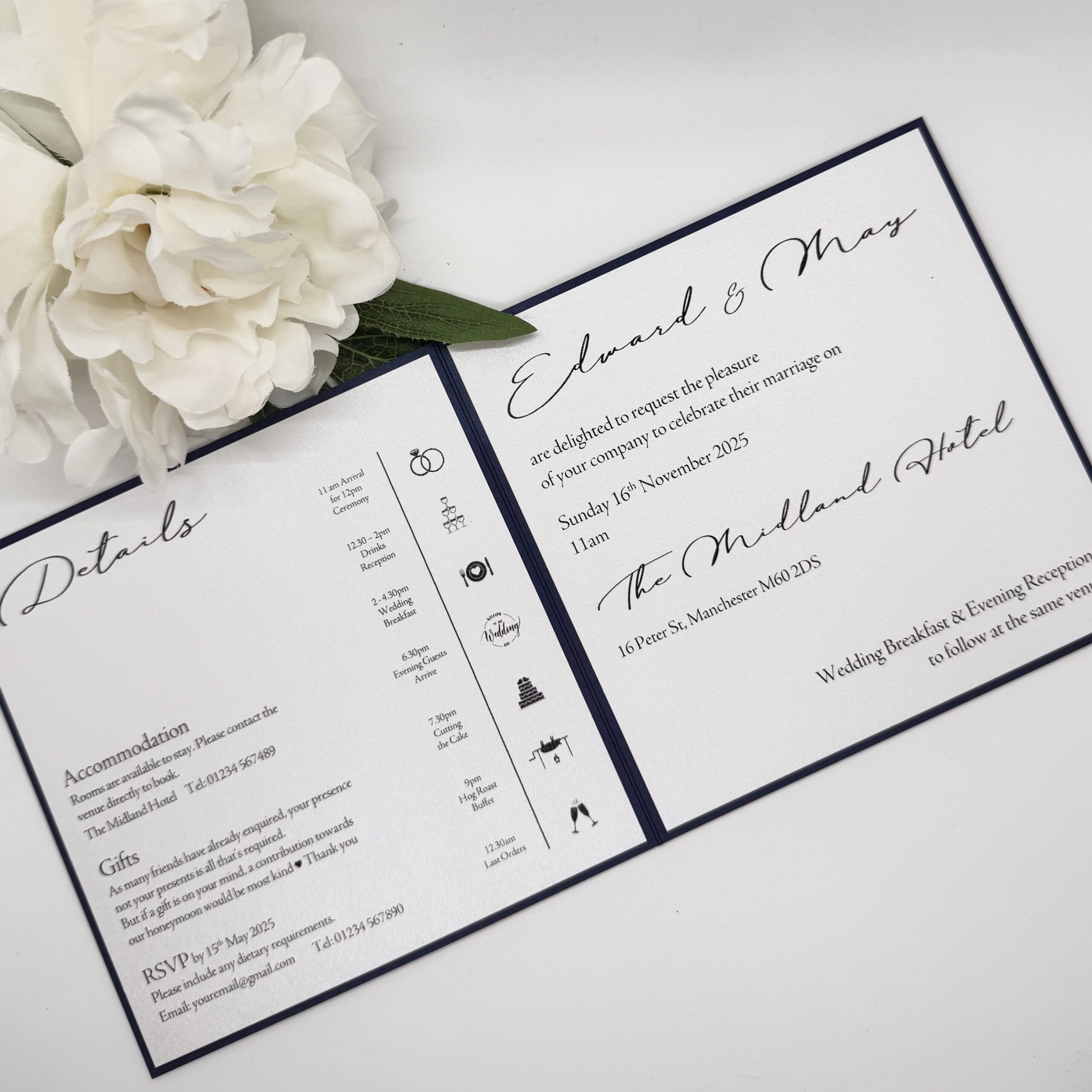 Modern Navy folded invitation with personalised mount