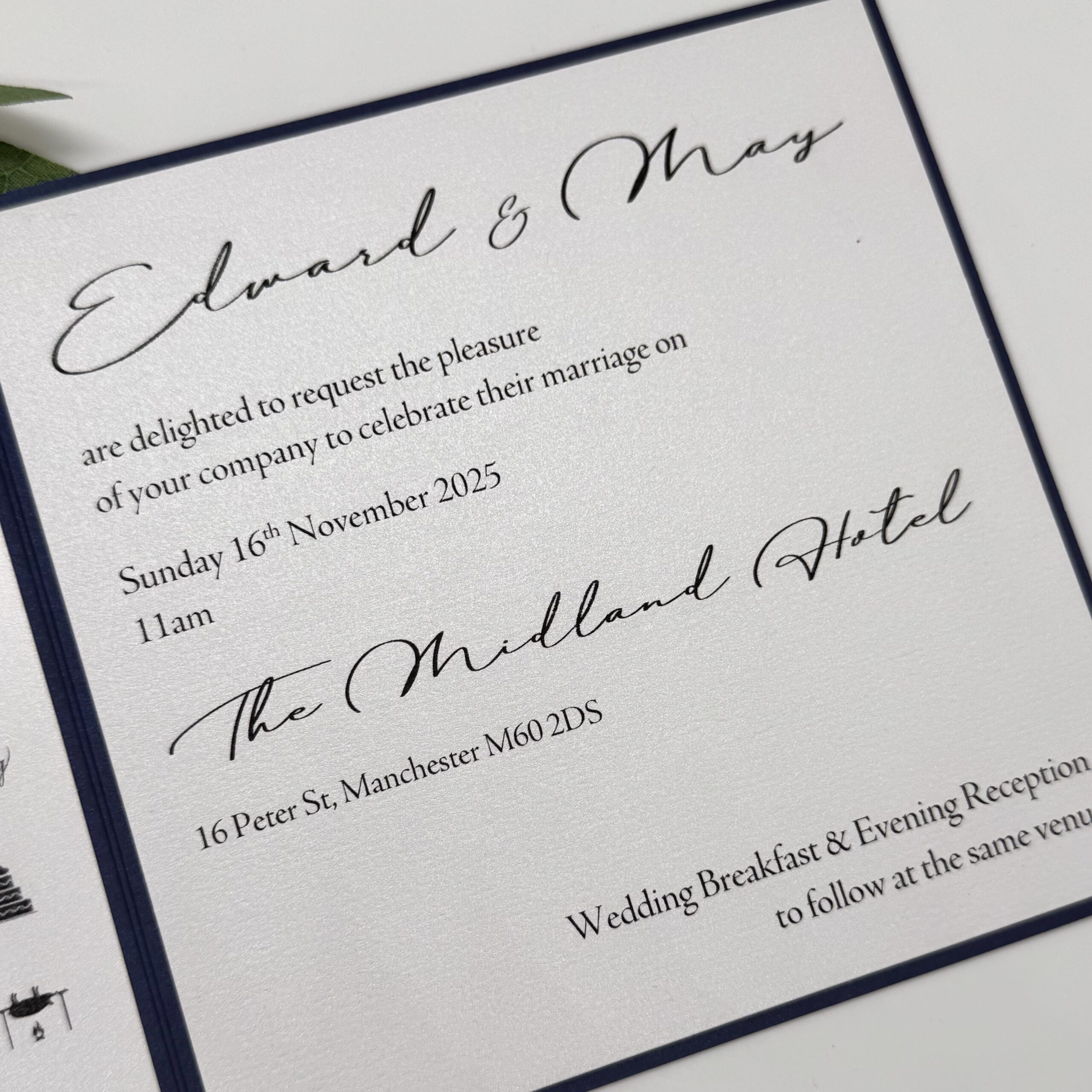 Modern Navy folded invitation with personalised mount