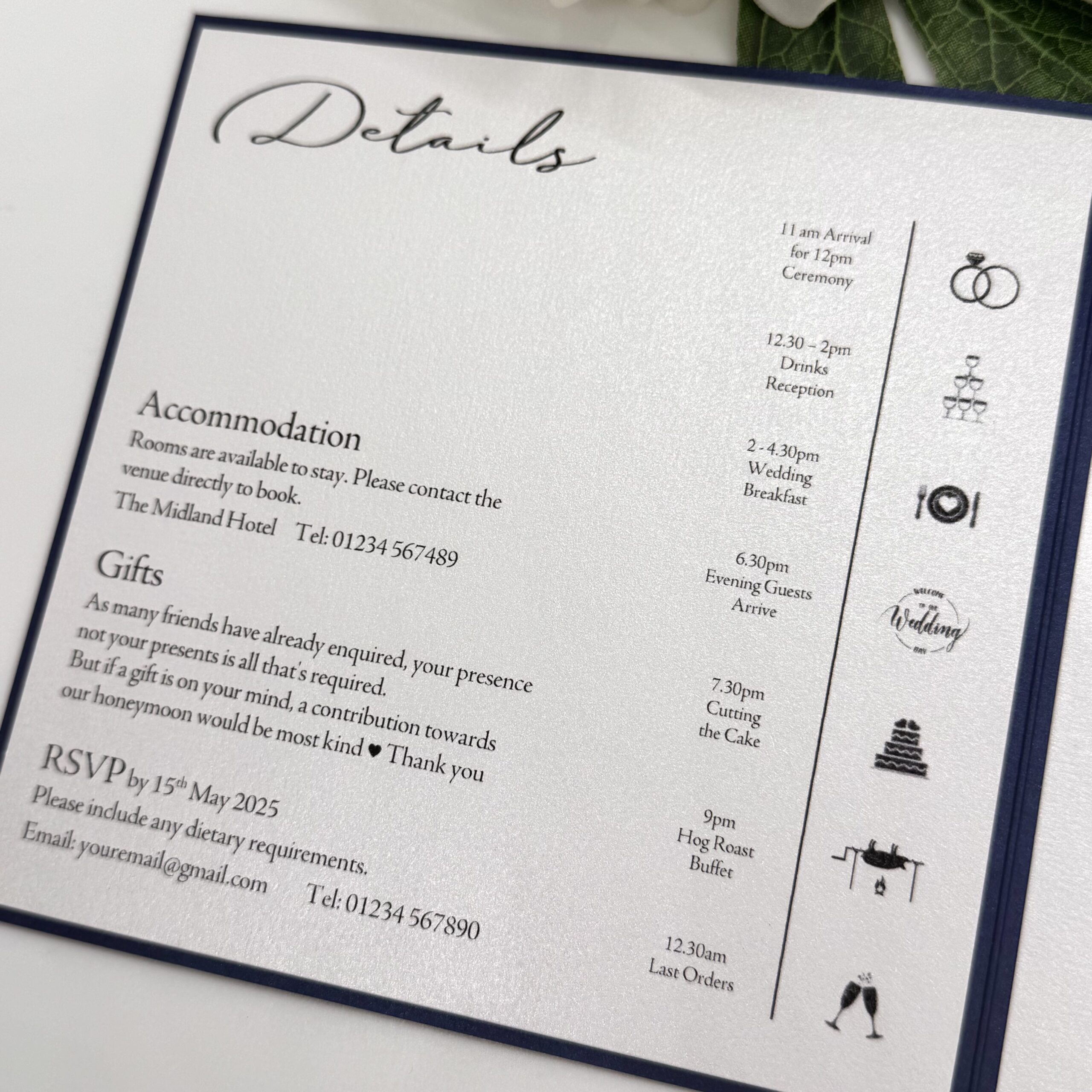 Modern Navy folded invitation with personalised mount