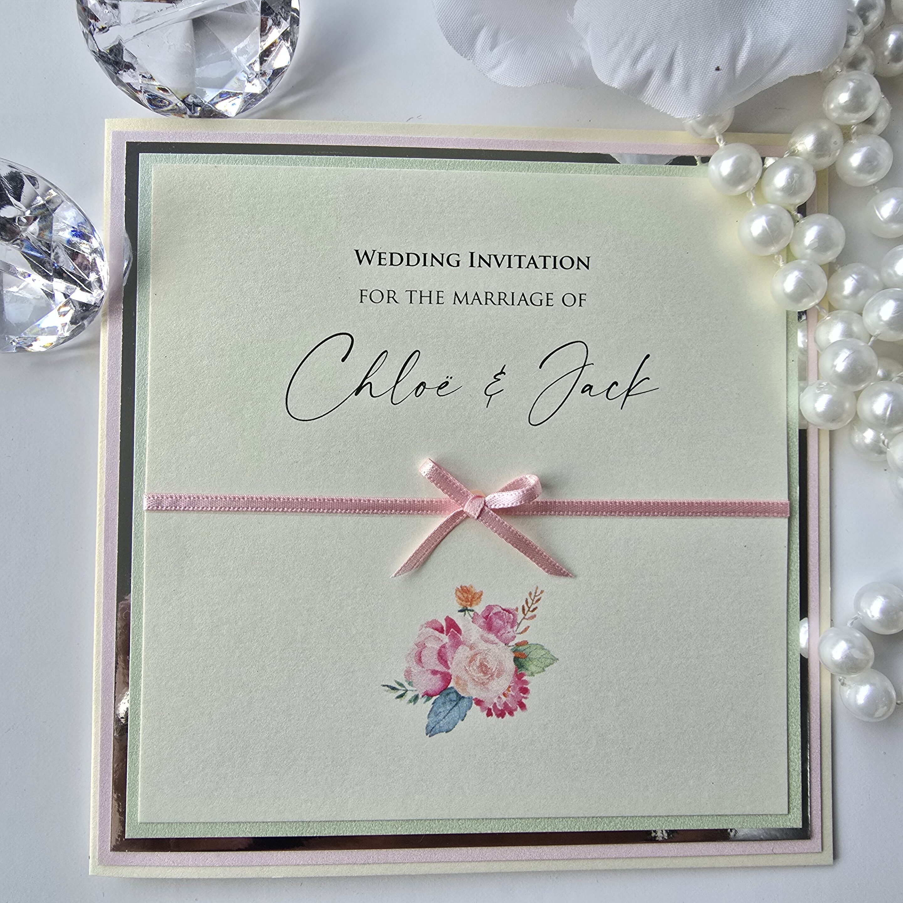 Pastel Pink and Green Wedding Invitation with Pretty Floral Illustration