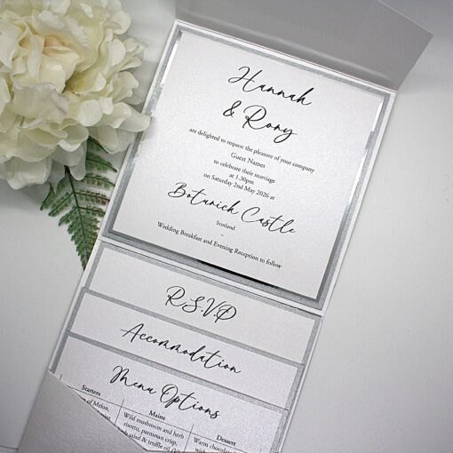 White and silver pocketfold invitation