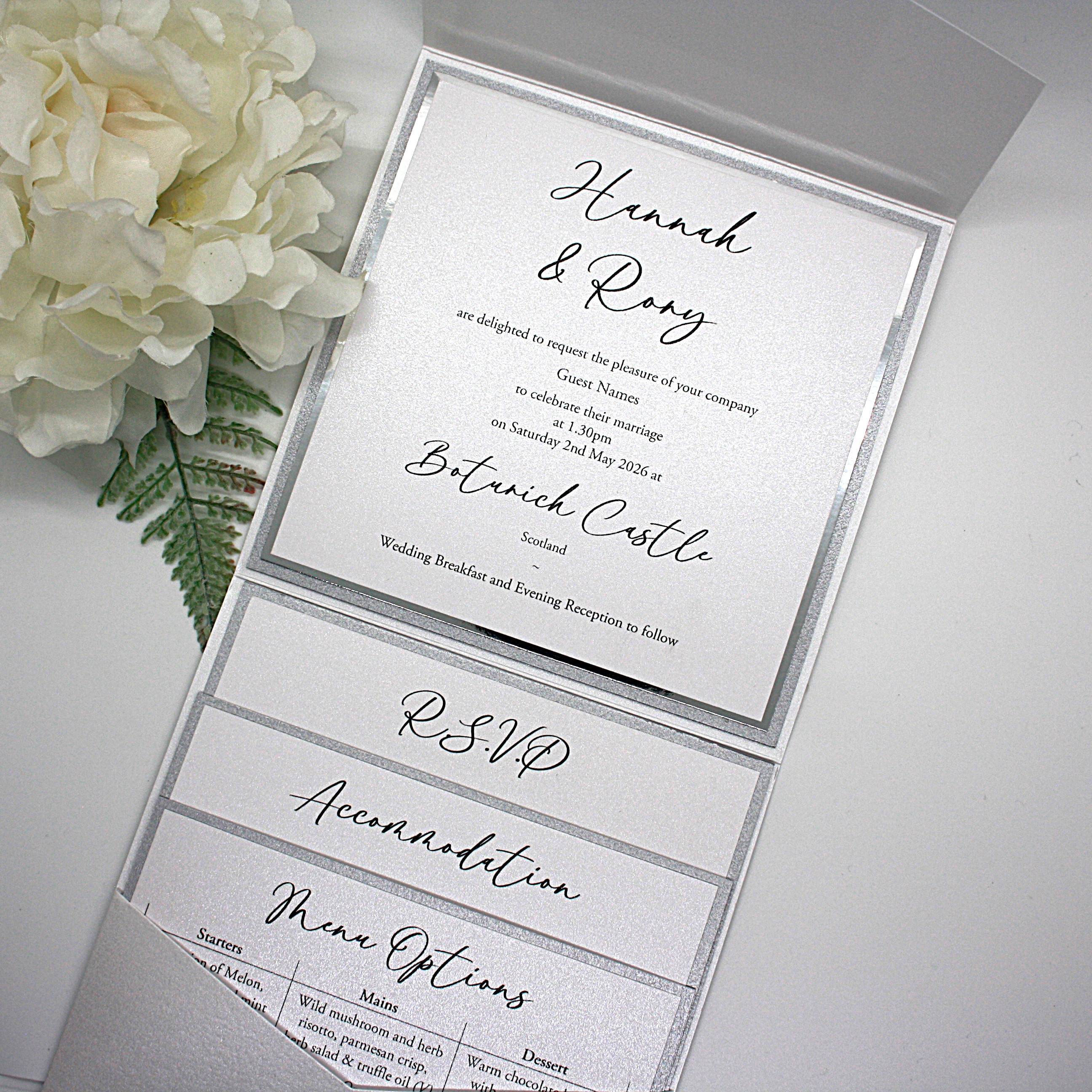 Pocketfold invitation with silver mounts White and silver pocketfold invitation