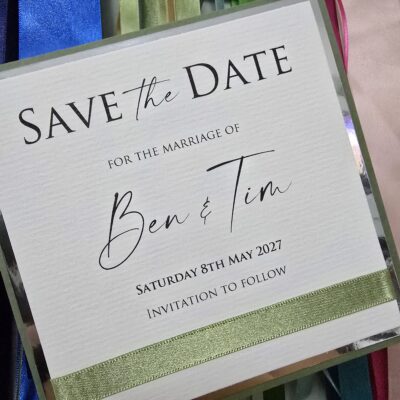 Sage Green and White Save the Date with Silver Mirror Card