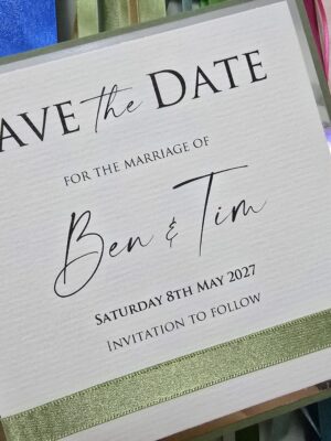 Sage Green and White Save the Date with Silver Mirror Card