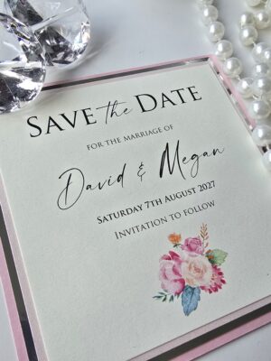 Shades of Pink Save the Date with Silver Mirror Card and a Pretty Floral Design